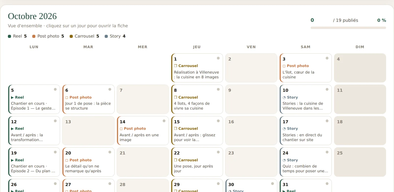 Vue calendrier de l'outil : le mois d'octobre, un contenu par jour avec son format (Reel, post photo, carrousel, story) et son sujet