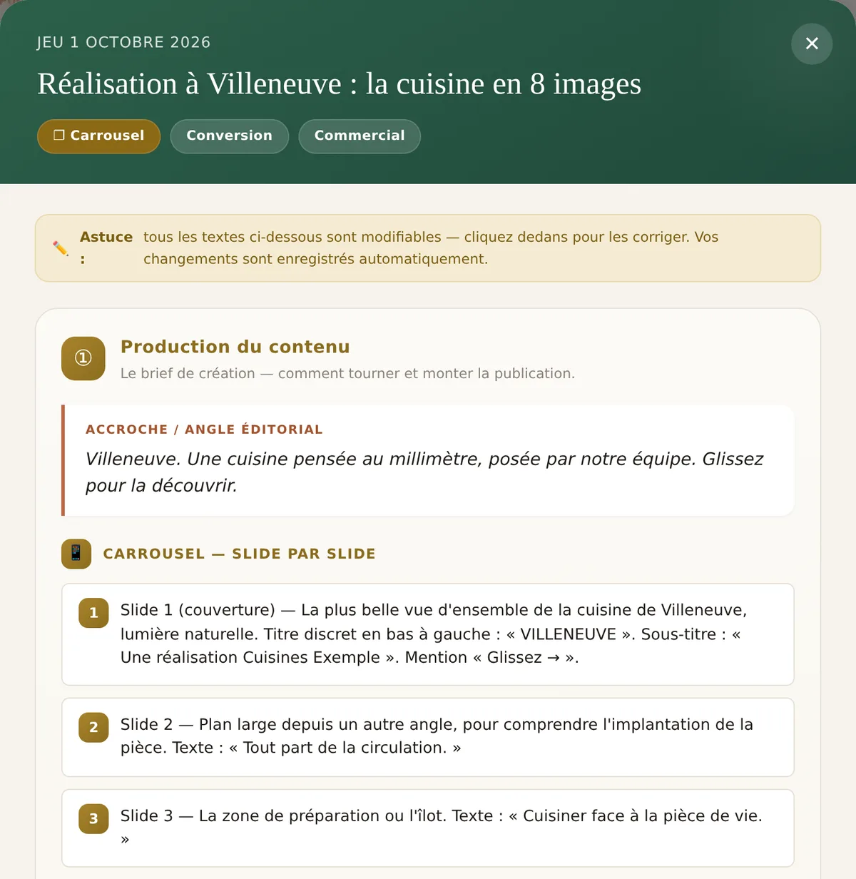 Fiche d'un contenu : date, sujet, objectif, accroche, puis le déroulé du carrousel image par image